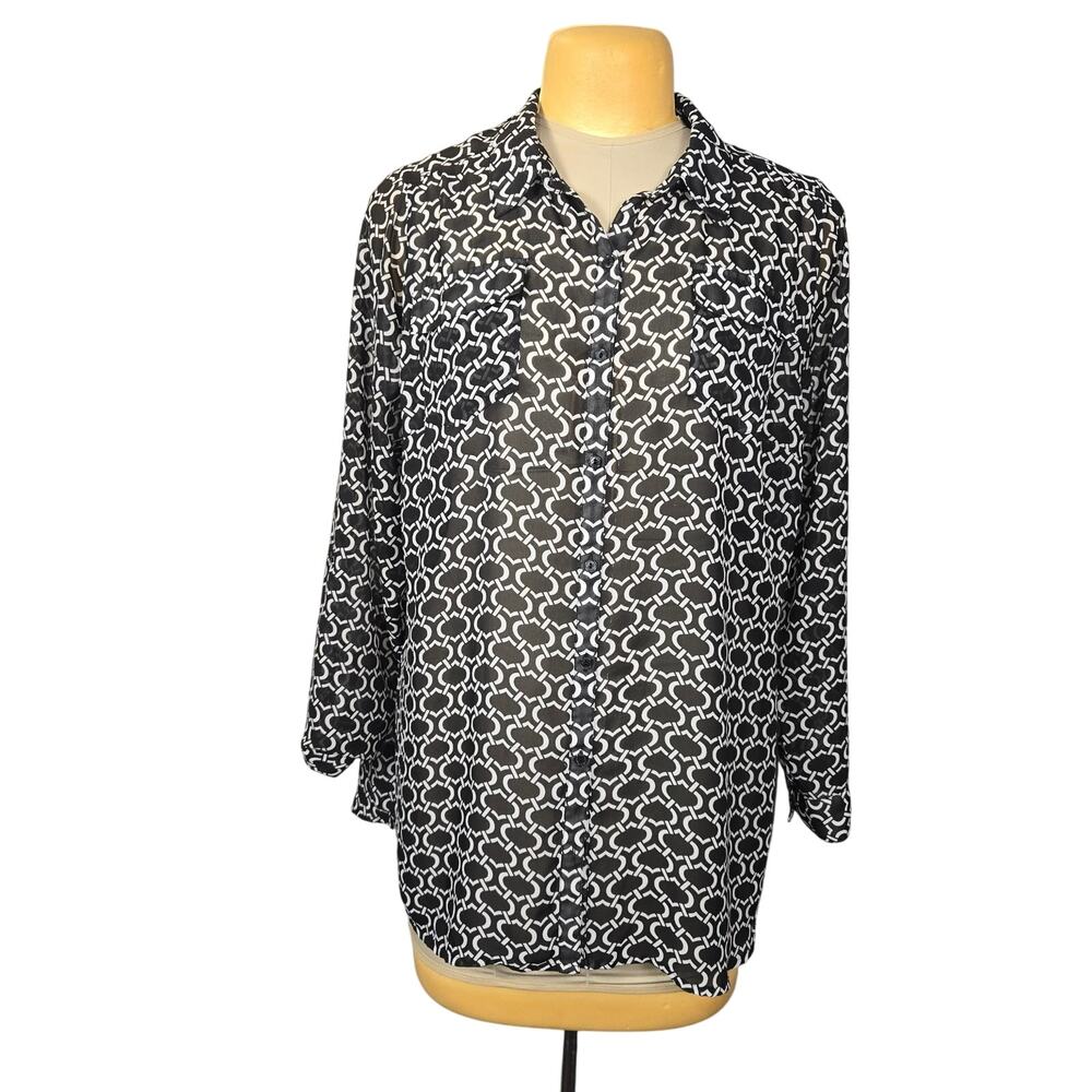 Lane Bryant Womens 18/20 Button Up Top Sheer Overlay Flowy Geometric‎ Career